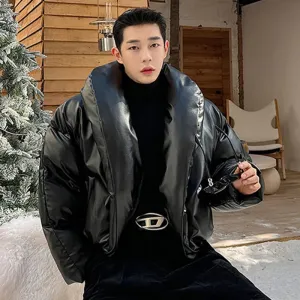 Black Solid Puffed PU Leather Parka