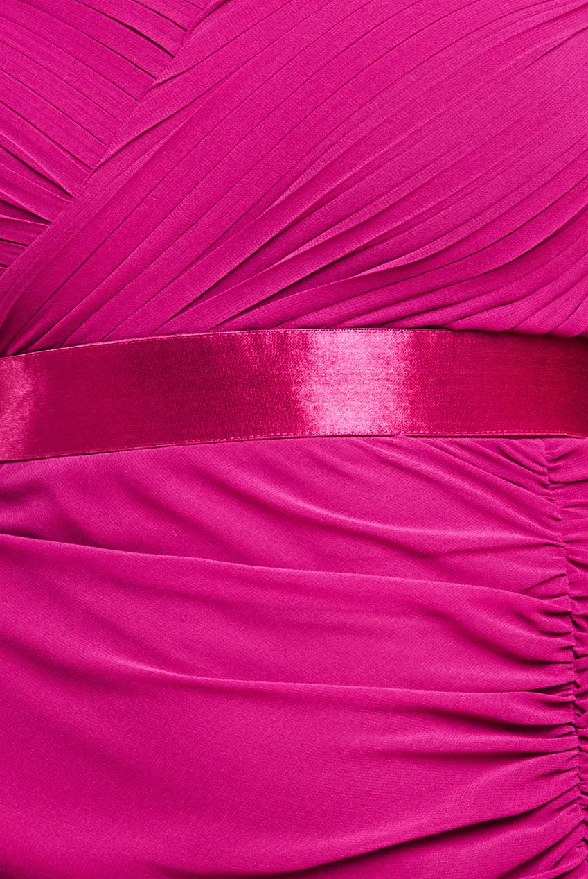 Goddiva Pleated Bardot High Low Tier Chiffon Midaxi Dress - Magenta
