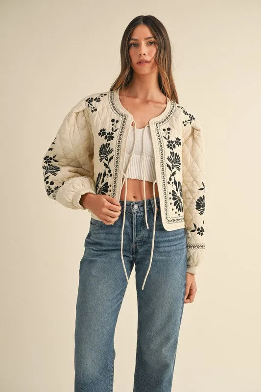 Lena Long Sleeve Floral Embroidered Front Tie Quilted Shacket Ivory