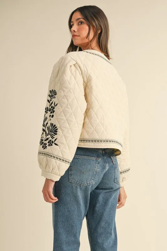 Lena Long Sleeve Floral Embroidered Front Tie Quilted Shacket Ivory