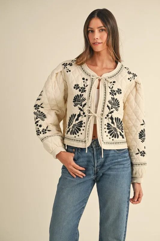 Lena Long Sleeve Floral Embroidered Front Tie Quilted Shacket Ivory