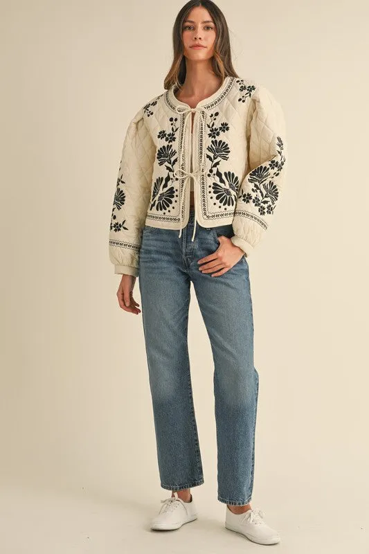 Lena Long Sleeve Floral Embroidered Front Tie Quilted Shacket Ivory