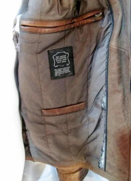 MENS DONAR MENSWEAR Leather FLIGHT Moto Jacket Coat L BROWN Aviator Biker Rider