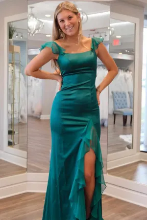 Mermaid Cap Sleeves Scoop Ruffled Green Satin Floor Length Prom Dress, Slit