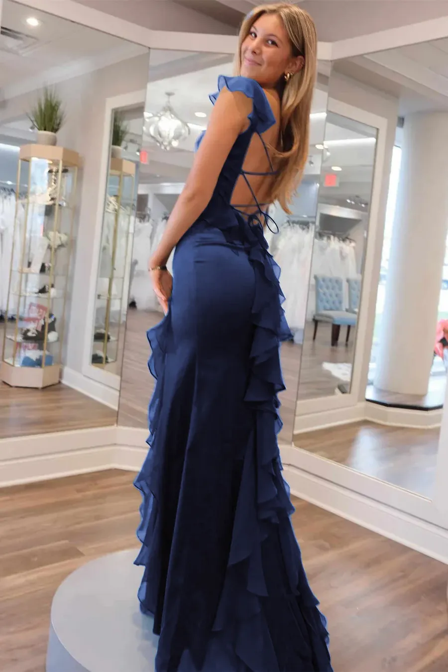 Mermaid Cap Sleeves Scoop Ruffled Green Satin Floor Length Prom Dress, Slit