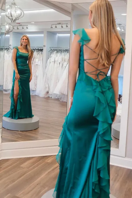 Mermaid Cap Sleeves Scoop Ruffled Green Satin Floor Length Prom Dress, Slit