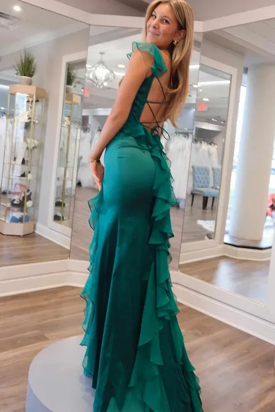 Mermaid Cap Sleeves Scoop Ruffled Green Satin Floor Length Prom Dress, Slit