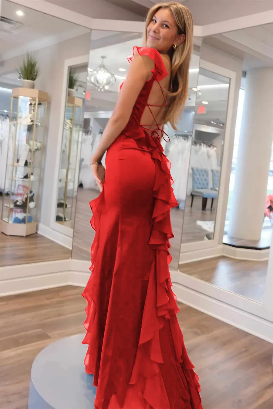 Mermaid Cap Sleeves Scoop Ruffled Green Satin Floor Length Prom Dress, Slit