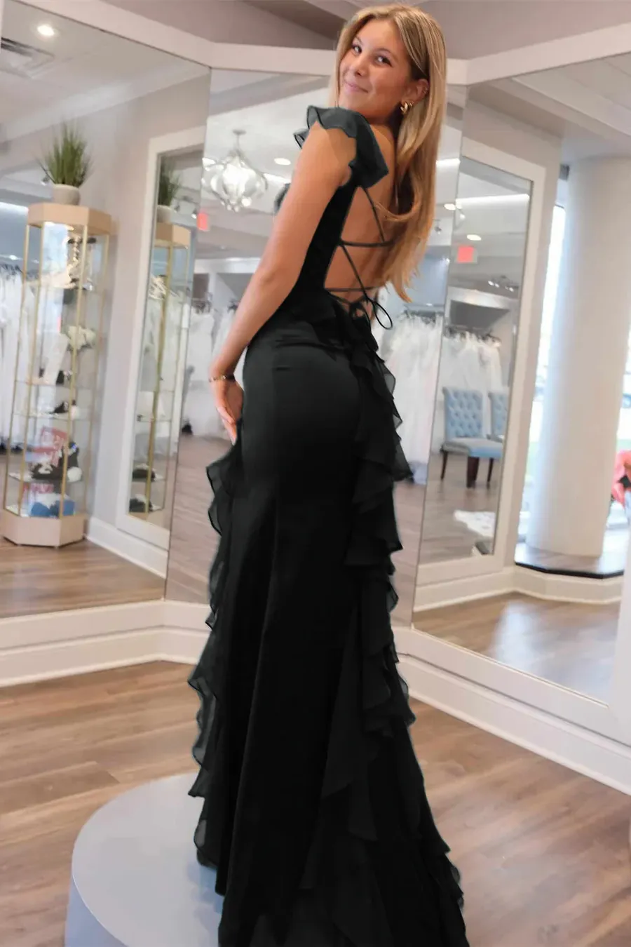 Mermaid Cap Sleeves Scoop Ruffled Green Satin Floor Length Prom Dress, Slit