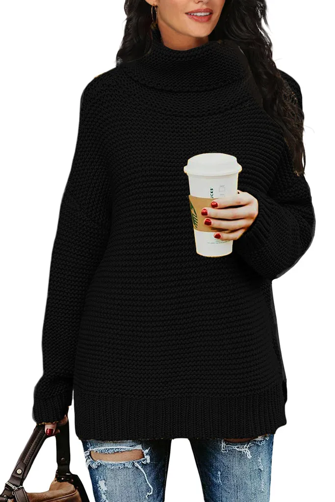 PrinStory Womens Casual Loose Long Sleeve Turtleneck Chunky Knit Pullover Side Slit Sweater