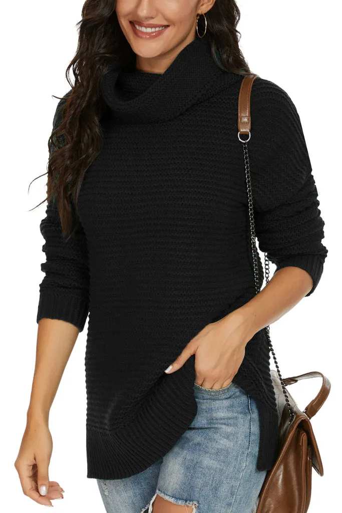 PrinStory Womens Casual Loose Long Sleeve Turtleneck Chunky Knit Pullover Side Slit Sweater