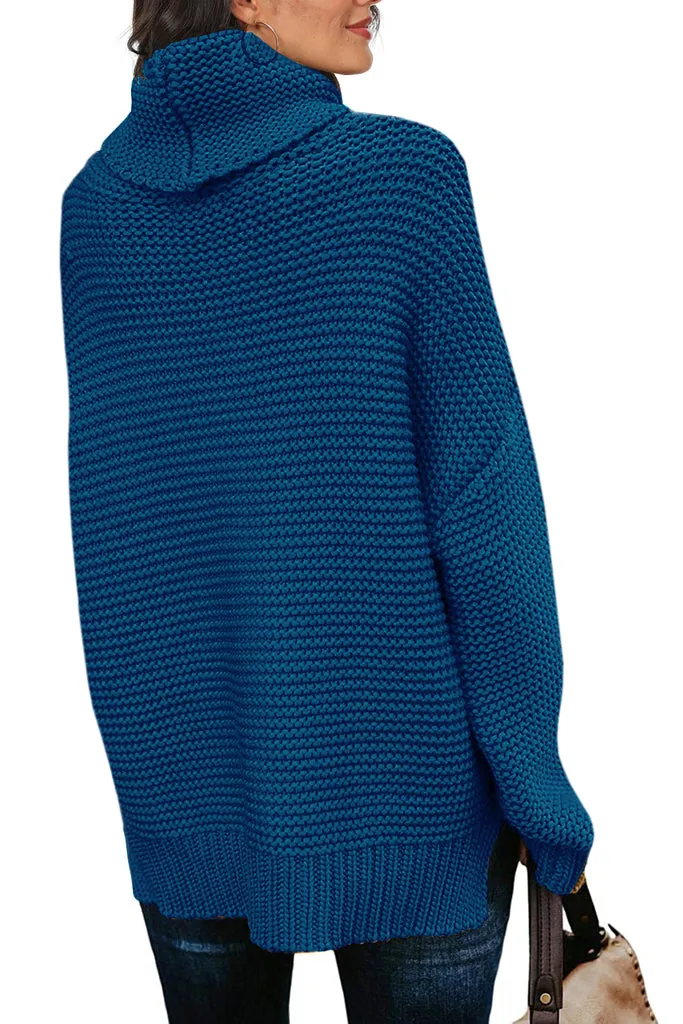 PrinStory Womens Casual Loose Long Sleeve Turtleneck Chunky Knit Pullover Side Slit Sweater
