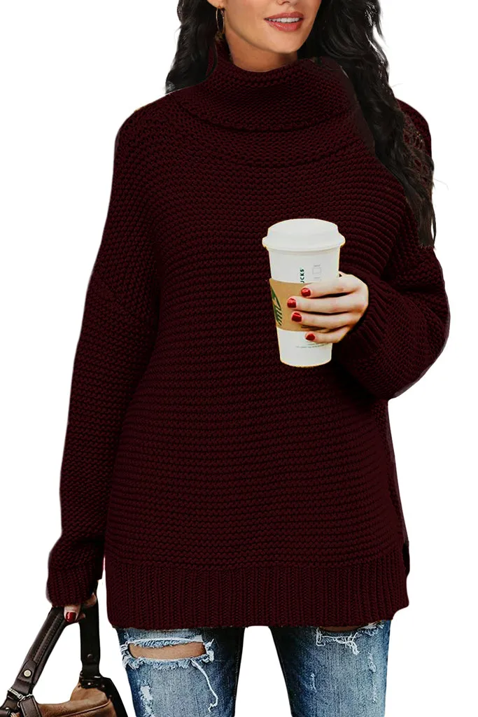 PrinStory Womens Casual Loose Long Sleeve Turtleneck Chunky Knit Pullover Side Slit Sweater