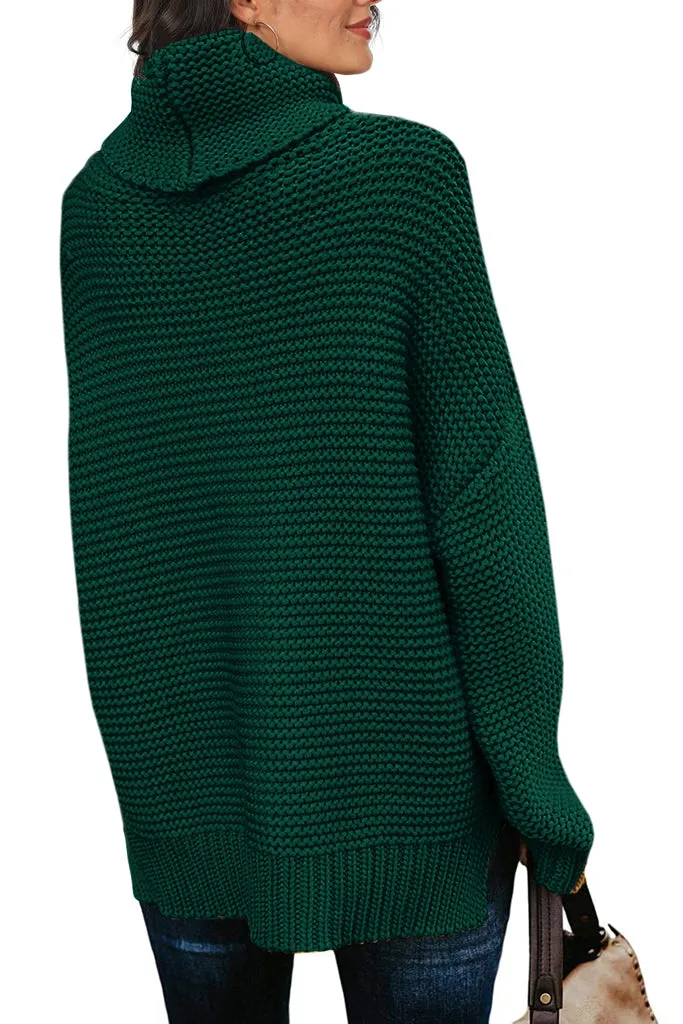 PrinStory Womens Casual Loose Long Sleeve Turtleneck Chunky Knit Pullover Side Slit Sweater