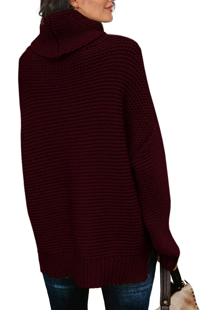 PrinStory Womens Casual Loose Long Sleeve Turtleneck Chunky Knit Pullover Side Slit Sweater