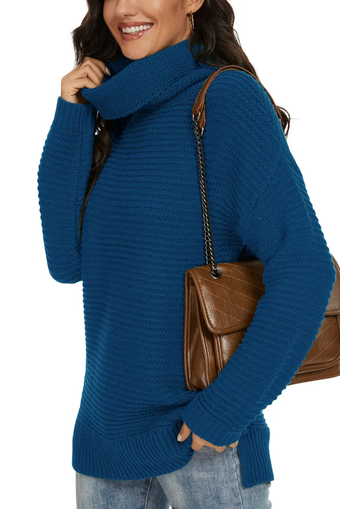 PrinStory Womens Casual Loose Long Sleeve Turtleneck Chunky Knit Pullover Side Slit Sweater