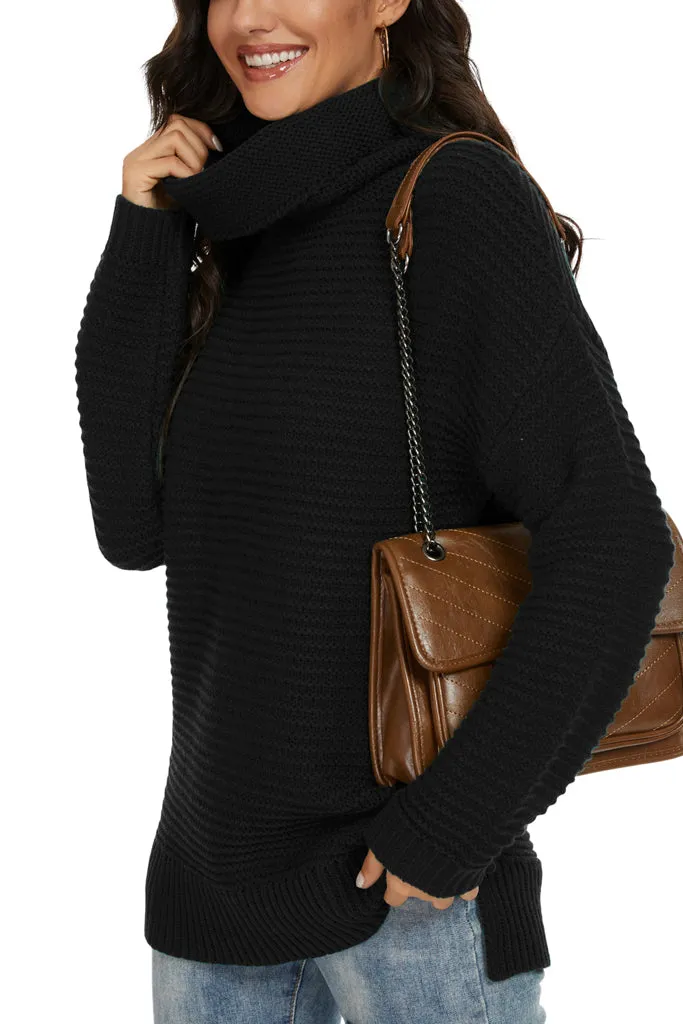 PrinStory Womens Casual Loose Long Sleeve Turtleneck Chunky Knit Pullover Side Slit Sweater