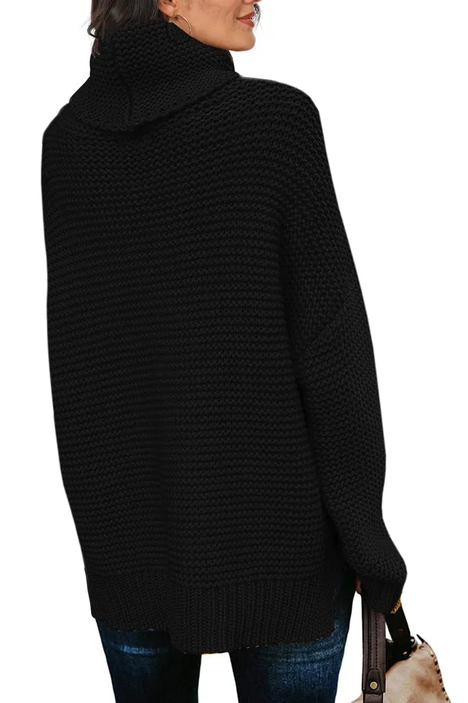 PrinStory Womens Casual Loose Long Sleeve Turtleneck Chunky Knit Pullover Side Slit Sweater