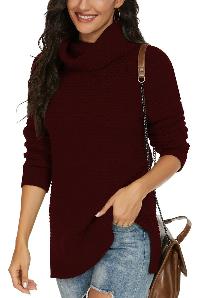 PrinStory Womens Casual Loose Long Sleeve Turtleneck Chunky Knit Pullover Side Slit Sweater