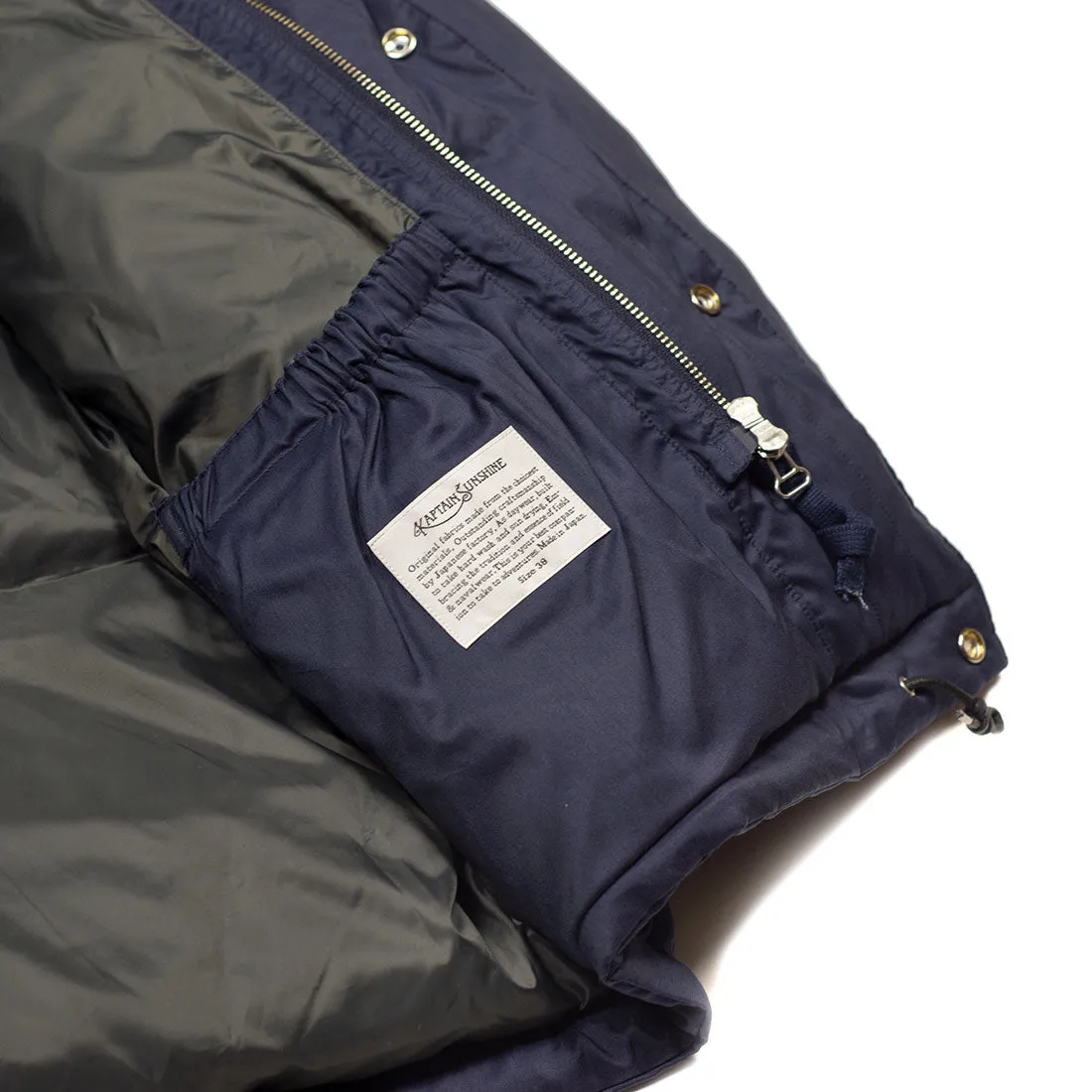 "Expedition Down Parka" in deep sea blue cotton and silk