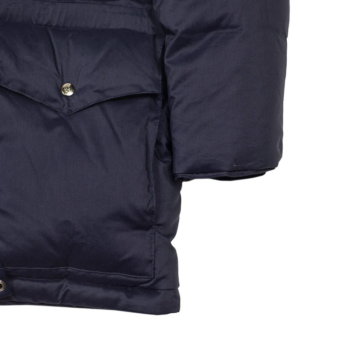 "Expedition Down Parka" in deep sea blue cotton and silk