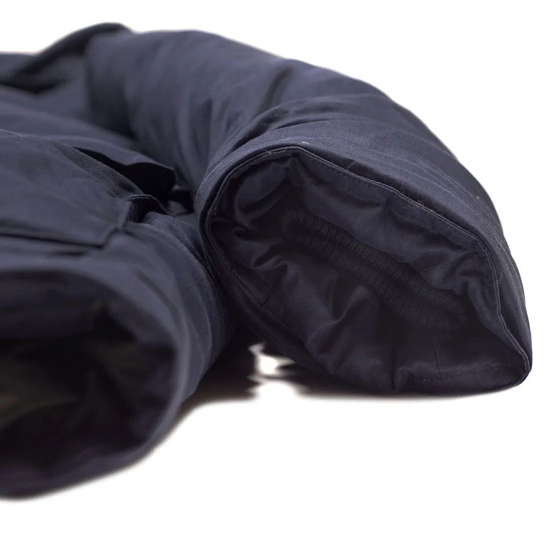 "Expedition Down Parka" in deep sea blue cotton and silk
