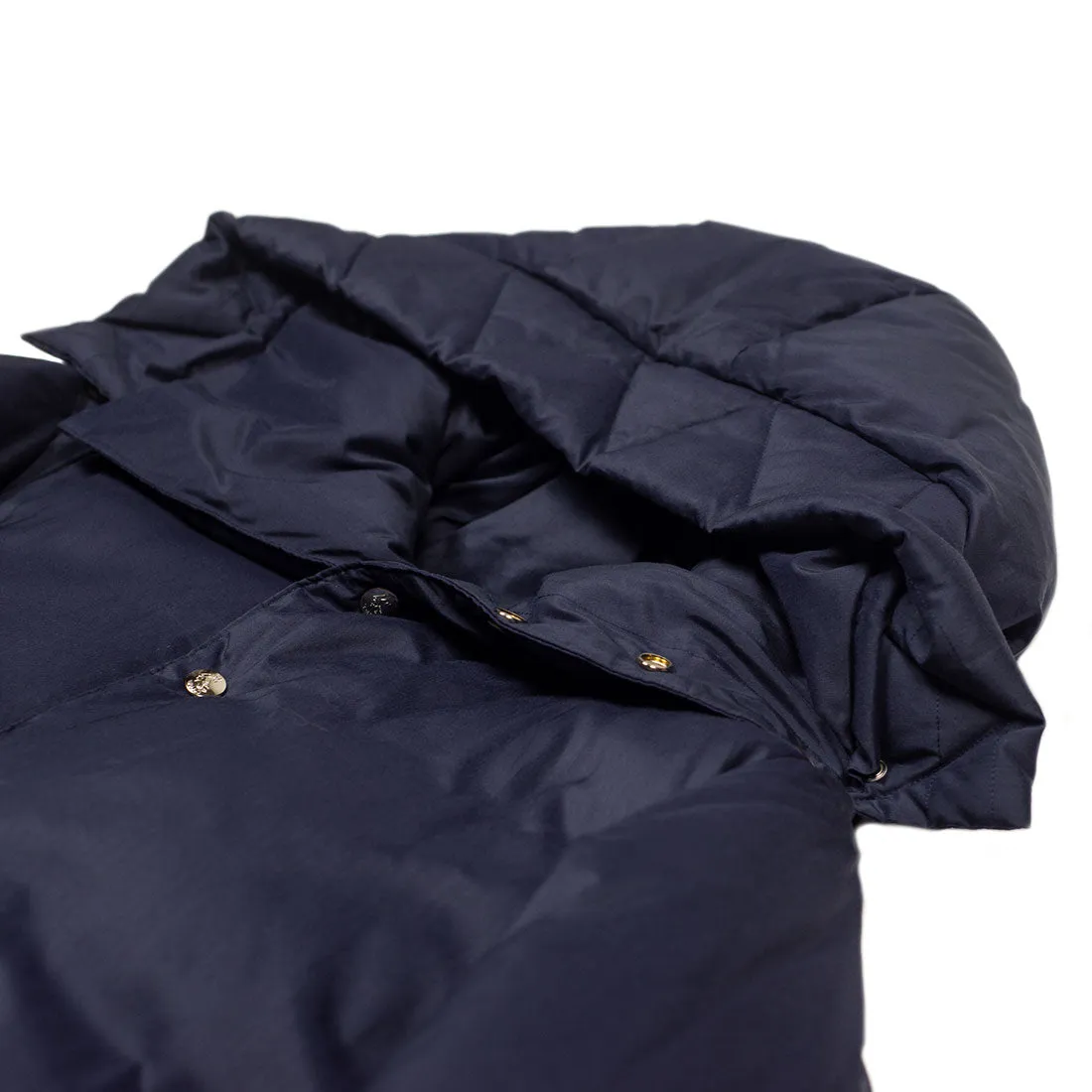 "Expedition Down Parka" in deep sea blue cotton and silk