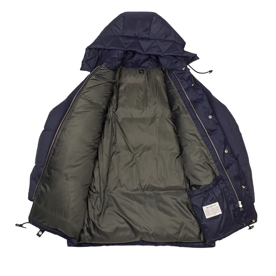 "Expedition Down Parka" in deep sea blue cotton and silk