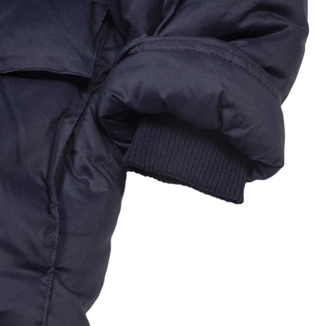 "Expedition Down Parka" in deep sea blue cotton and silk