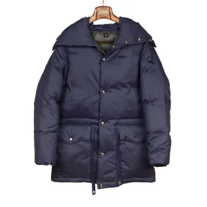 "Expedition Down Parka" in deep sea blue cotton and silk