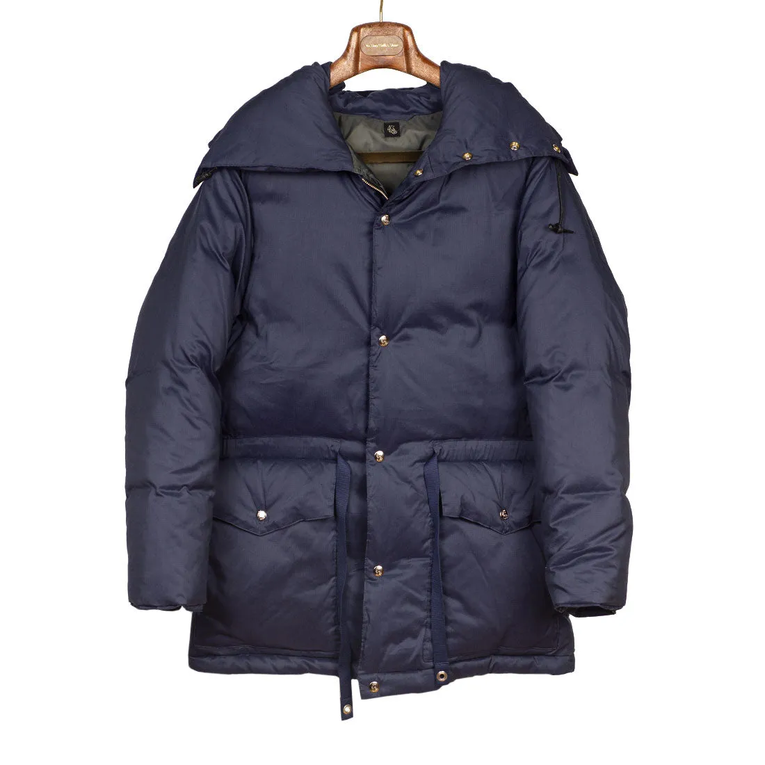 "Expedition Down Parka" in deep sea blue cotton and silk