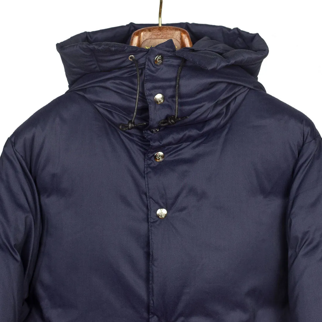 "Expedition Down Parka" in deep sea blue cotton and silk