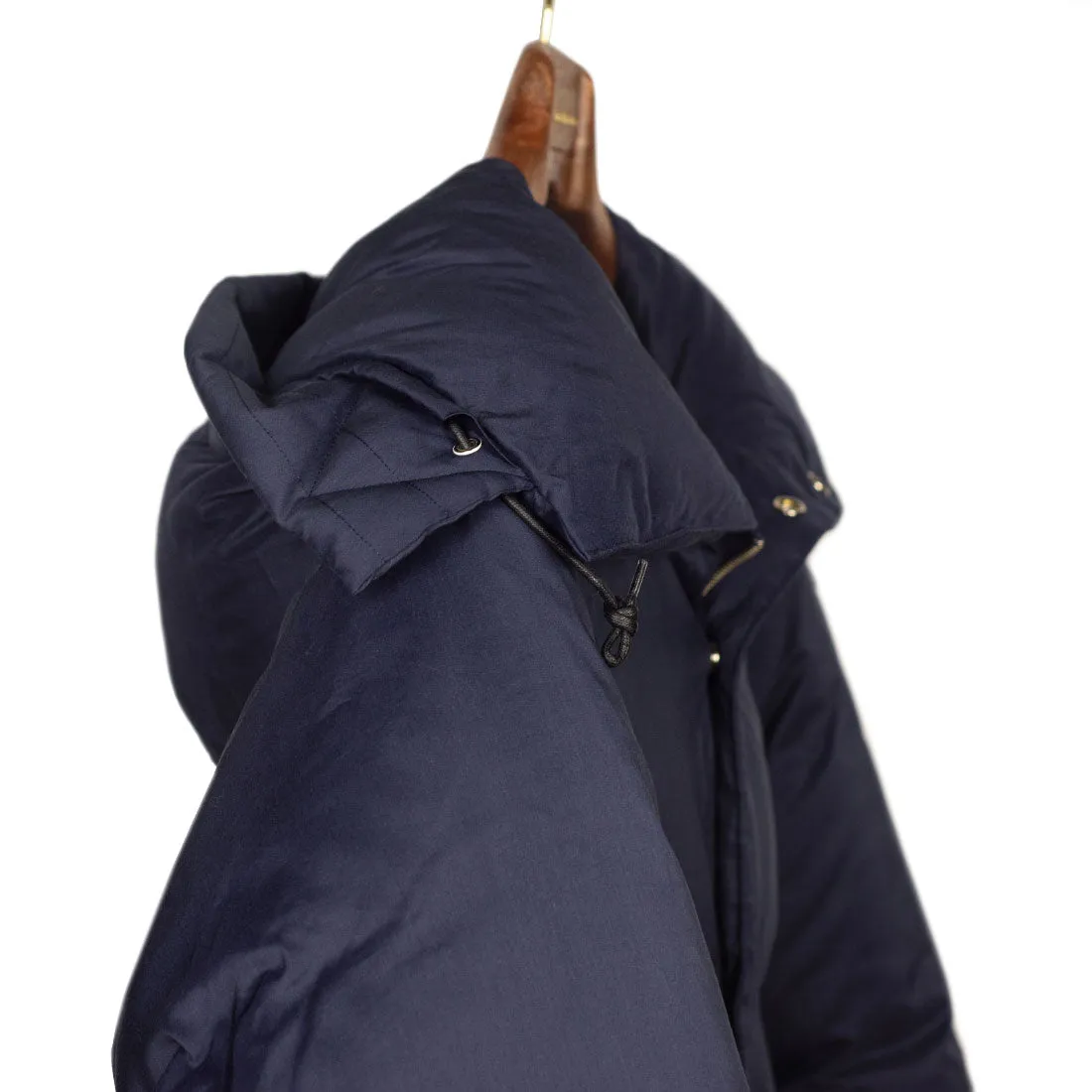 "Expedition Down Parka" in deep sea blue cotton and silk