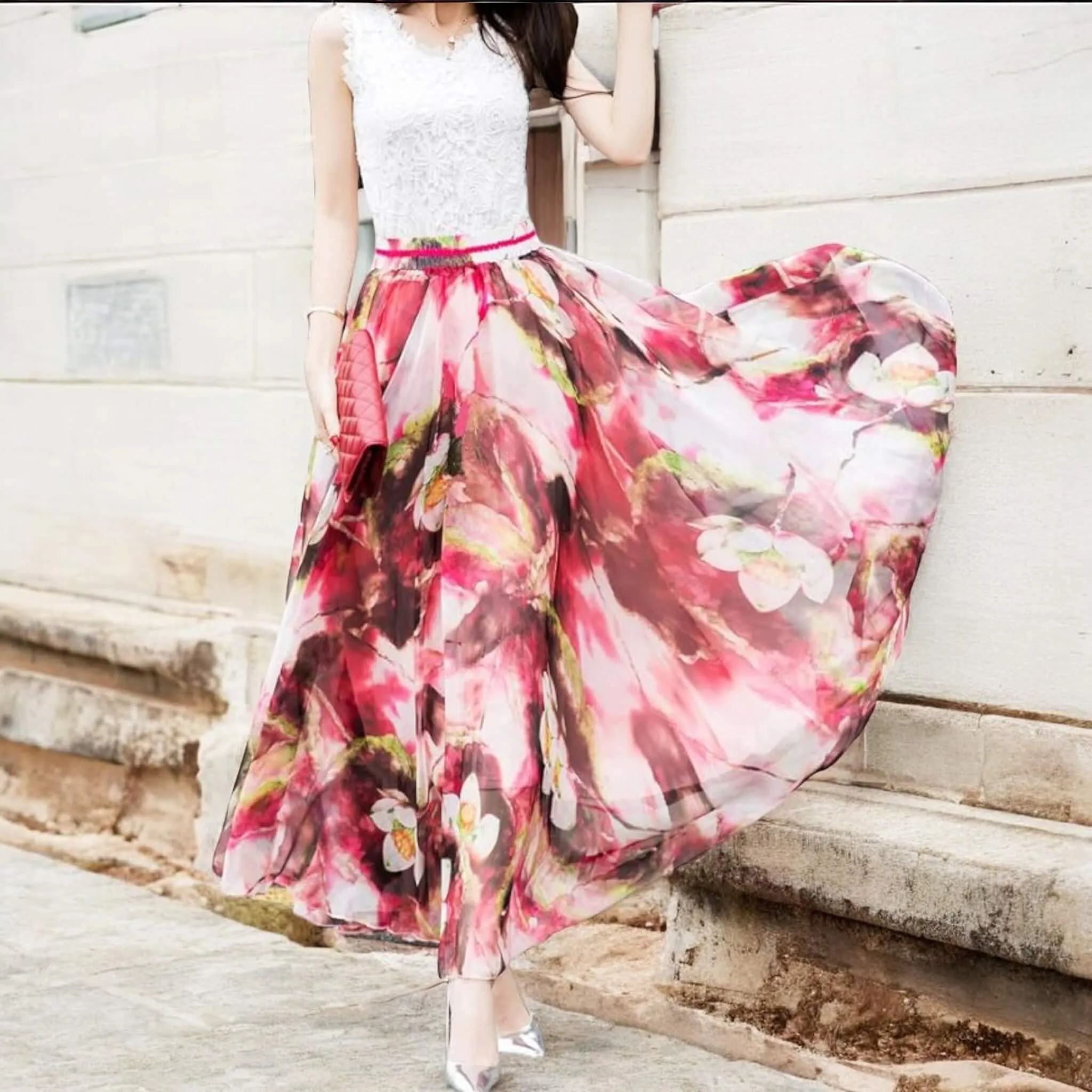 Sweet Pink Floral Flowy Maxi Skirt