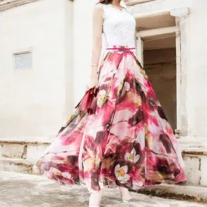 Sweet Pink Floral Flowy Maxi Skirt