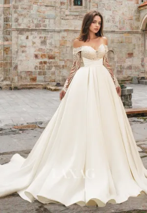 Sweetheart Lace Long-Sleeves Beaded Applique Bride Gowns Off-Shoulder Pleated Satin A-Line Wedding Dress